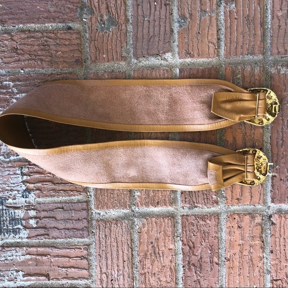 Flora Camel Soft Wide Leather Waist Belt Gold Tone Buckle with Crystal Accents